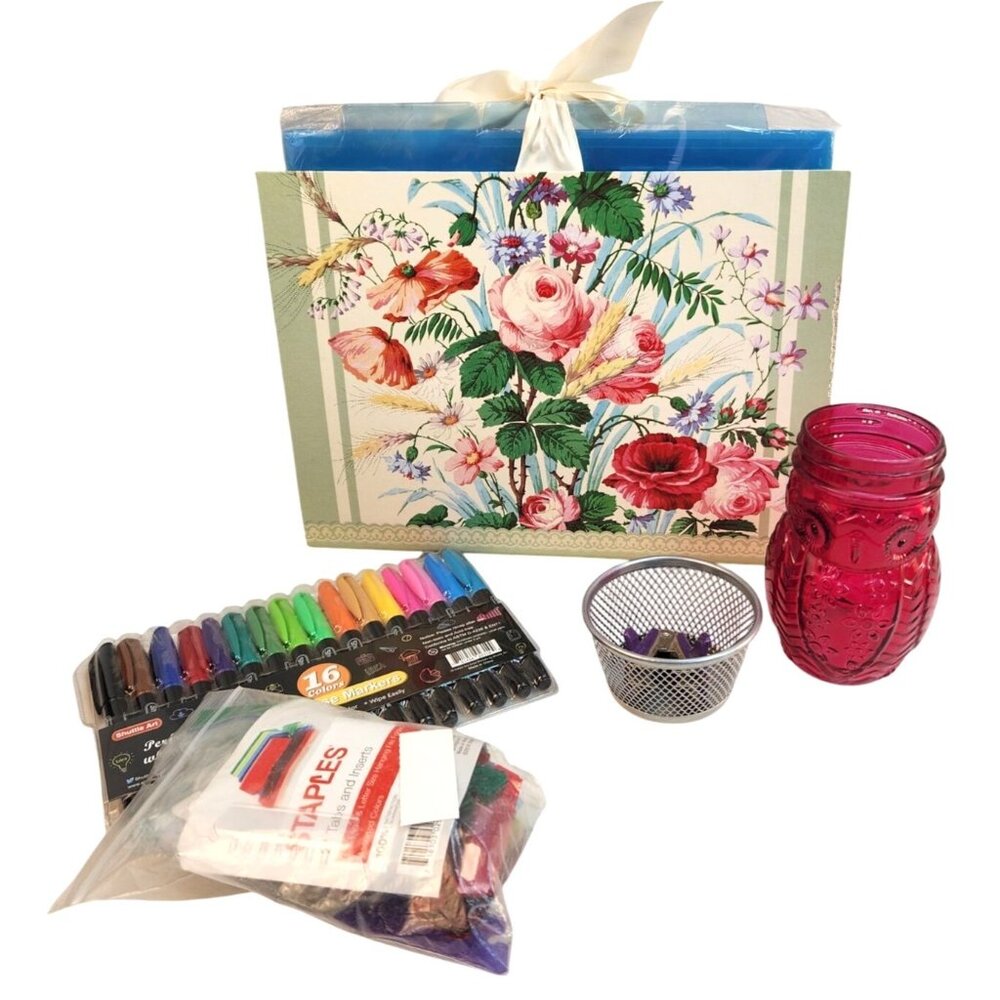 Lot of Office Supplies Dry Erase Markers File Folders Glass Owl Jar Push Pins Ba